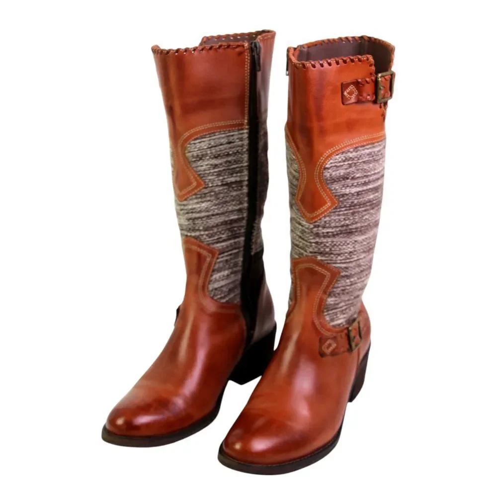 Fortress of Inca BROWN LEATHER TAPESTRY MID HEEL ZIP SIDE ROUND TOE BOOTS Sz 6